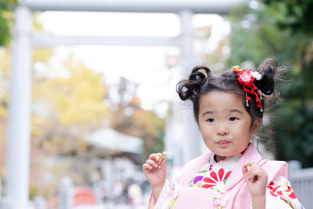 埼玉越谷イロドリフォト七五三ロケーション撮影。3歳の女の子と鳥居