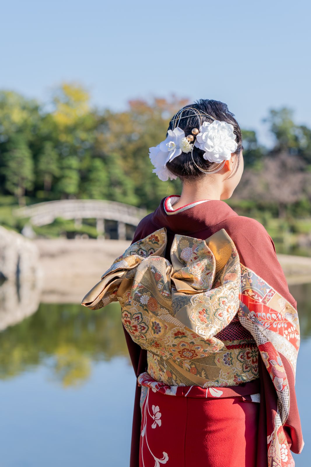 日本庭園・花田苑美しい振袖姿の女性。晴れの日、成人式撮影のロケーション風景
